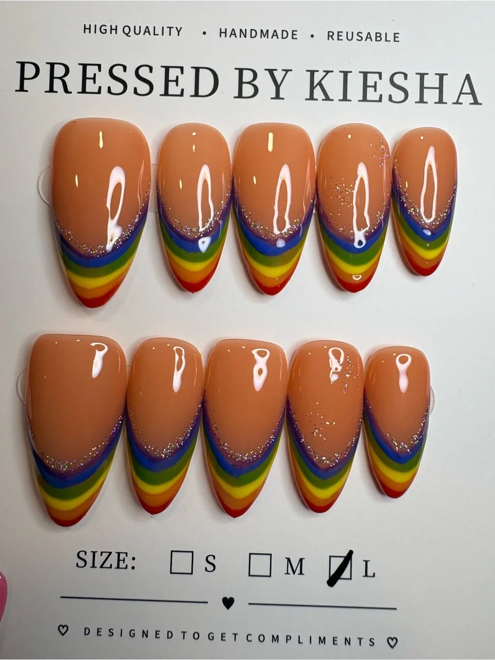 Nude Almond Press-On Nails with Rainbow Tip